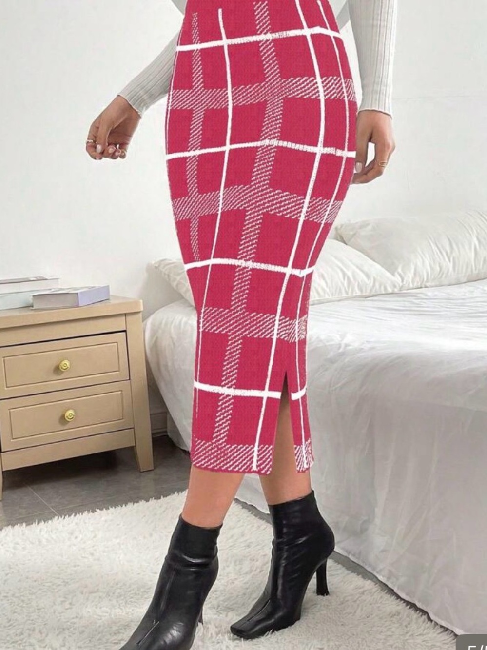 Fitted Pink Plaid Midi Sweater Skirt with Side Slit